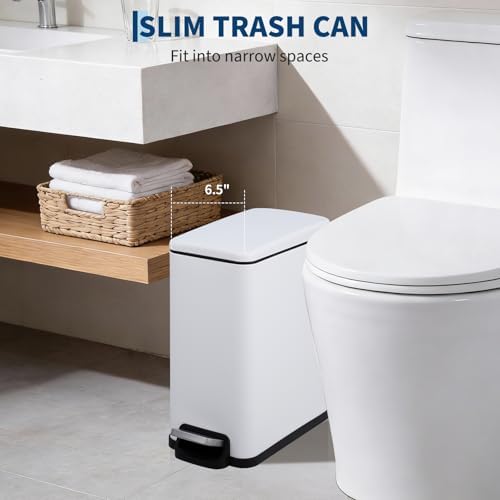 PrecisionAuto Slim Bathroom Trash Can with Soft Close Lid, 10 Liter / 2.6 Gallon Stainless Steel Step Garbage Can with Removable Inner Bucket, Narrow Trash Bin for Toilet Bedroom Kitchen, White