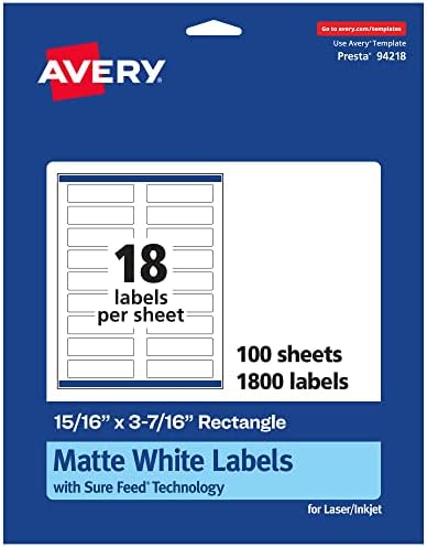 Avery® Matte White Rectangle Labels, Sure Feed® Technology, 15/16" x 3-7/16", 1,800 Matte White Printable Labels
