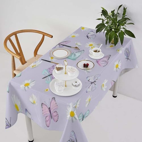 Butterfly Tablecloth, Watercolor Daisy Flowers Rustic Spring Summer Floral Butterfly Table Cover for Indoor Outdoor Patio Party Picnic Wedding Home Kitchen Dinner Table Decor 60x110in