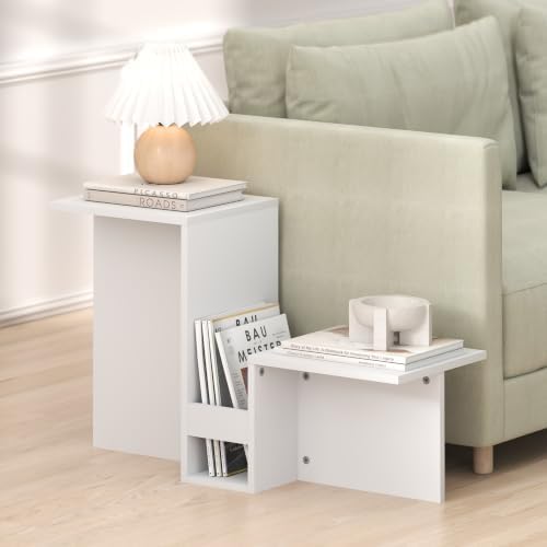Furinno BOYATE Valley-Shaped Side Table with Open Shelf, White | Compact, Narrow, Tiered Levels and Magazine Rack, High-Low Tabletop, End Table, for Living Room, Bedroom