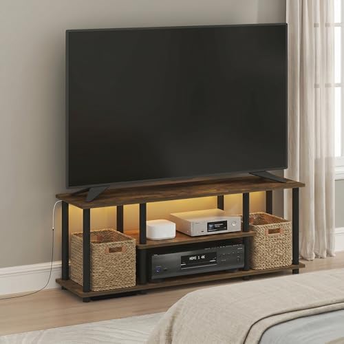 Furinno Turn-N-Tube 3-Tier No Tools TV Stand with LED Lights, Amber Pine | for TV up to 50 Inch, Open Frame Entertainment Center, TV Console for Living Room, Bedroom