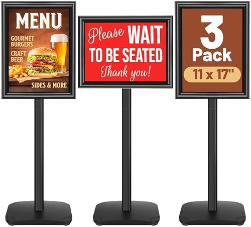 3-Pack Heavy Duty Pedestal Sign Holder Stand 11x17 Inch, Adjustable Floor Standing Sign Holder with Weighted Base, Vertical & Horizontal Menus Signage Stands for Outdoor Advertising, Posters, Black