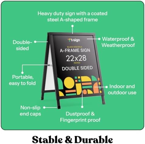 T-SIGN Outdoor A-Frame Sidewalk Sign 22x28 Inch Sandwich Board, Black Coated Steel Metal Double-Sided, Heavy Duty Slide-in Folding Frame Sign Holder, 2 Corrugated Plastic Poster Boards, Display Stand
