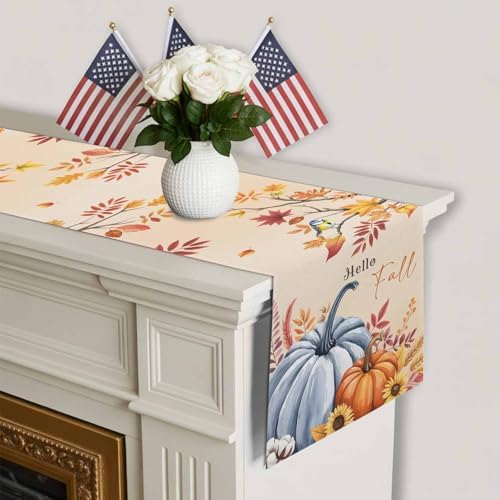 Fall Table Runner Hello Fall Pumpkin Table Runners Harvest Thanksgiving Maple Leaves Sunflower Bird Cotton Linen Dresser Scarf Kitchen Dining Table Decor for Autumn Holiday Party Coffee 13x120 Inch