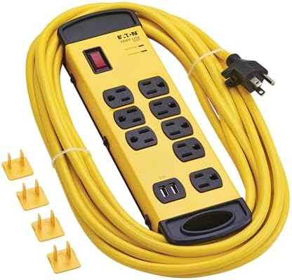 Eaton Tripp Lite series TLM825USB Heavy Duty Power Strip with Surge Protection & 2 USB Ports, 8 Outlets, 25ft Cord, 1960 Joules, Yellow Metal, Under Desk & Wall Mountable, Cord Wrap, Industrial Garage