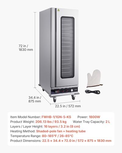 VEVOR Electric Hot Box Food Warmer, 16-Tier Commercial Warming Cabinet with Water Tray, Glass Door and Adjustable Shelves, Stainless Steel Food Warmer Cabinet, for Restaurant, Kitchen, Pizza, Chicken