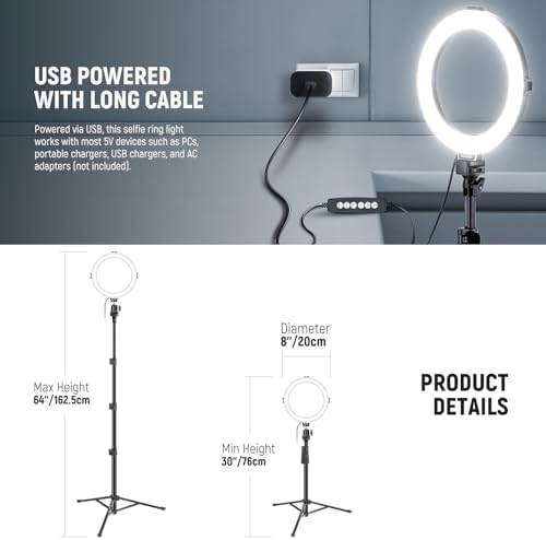 NEEWER Basics 8" RGB LED Ring Light with Tripod Stand, 7 Modes/3200-6500K/10 Dimming Levels, Phone Holder Selfie Ringlight Lighting for iPhone TikTok Vlog Makeup Video Recording Streaming, R08