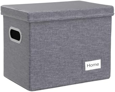 PRANDOM File Organizer Box - Set of 1 Collapsible Decorative Linen Filing Storage Hanging File Folders with Lids Office Cabinet Letter Size Grey (14x9.3x10.8 inch)