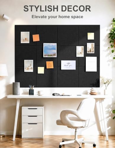 Felt Wall Tiles Bulletin Board Large Cork Board Alternative 6 Pack 11.81”x11.81”x0.47” Felt Pin Board Tack Board with Safe Removable Adhesive Tabs for Home Office School 36x24 (Black)