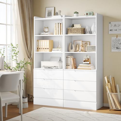 DICTAC 73.23'' Tall Storage Cabinet Bookcase with 3 Drawers and 3-Tier Open Shelves Wooden Bookshelf Kitchen Pantry Storage Organizer Cabinets for Living Room, Study, Kitchen,Bathroom,White