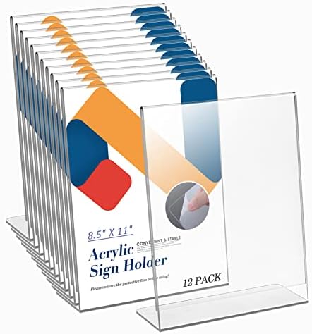 Relx Acrylic Sign Holder 8.5 x 11, Slant Back Acrylic Display Stand, Clear Frames Plastic Sign Holder for Store, Restaurant (12 Pack)