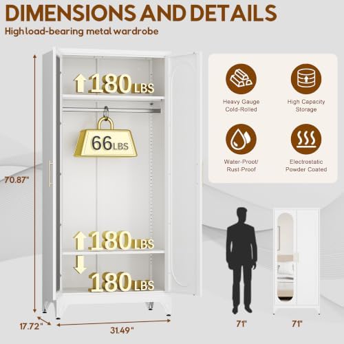 UNICOLY Armoire Wardrobe Closet，71" Metal Wardrobe Cabinet with Mirror Door