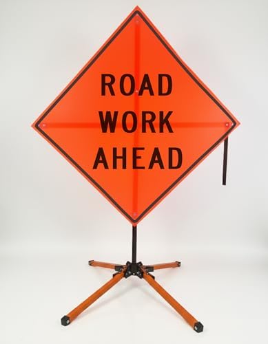 Traffic Roll-Up Sign Kit with Stand – Collapsible Safety Sign & Heavy-Duty Portable Stand, High Visibility, Easy Setup (Road Work Ahead, Mesh)