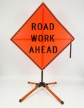 Traffic Roll-Up Sign Kit with Stand – Collapsible Safety Sign & Heavy-Duty Portable Stand, High Visibility, Easy Setup (Road Work Ahead, Mesh)