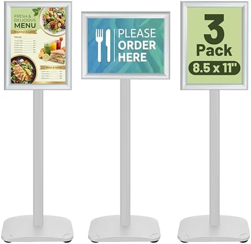 3-Pack Sign Holder Stand with Heavy Duty Base, 8.5x11 Inch Pedestal Floor Standing Sign Holder, Adjustable Menu&Poster Stand for Display Indoor/Outdoor Restaurant, Store, Advertising, Silver