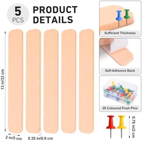 HAUTOCO Felt Bulletin Strips 5 Pack, 13" x 2" Self Adhesive Pin Board with 20 Push Pins, Peel and Stick Memo Board for Photos, Notes & Wall Decor, Dorm Room, Bedroom, Office, Peach Beige
