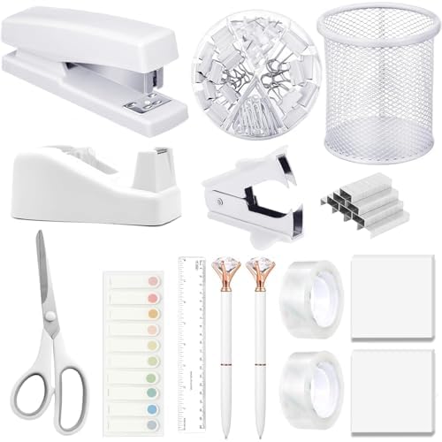 Office Supplies,Desk Accessories, Stapler and Tape Dispenser Set for Women with Stapler, Tape Dispenser, Staple Remover, Staples, Clips, Scissor and Tabs,Gift for Students, Coworkers