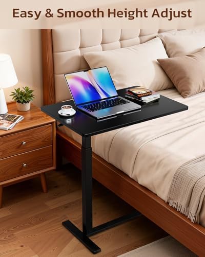Overbed Bedside Table with Hidden Casters, Adjustable Pneumatic Mobile Laptop Computer Standing Desk, Rolling Laptop Table, Movable Overbed Table Hospital Home Use, Black
