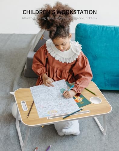 ZEAPTAC Laptop Bed Desk, Foldable Lap Desk, Portable Lap Table, Laptop Stand with Cup Holder, Tablet Slot & Lifting Handle for Work, Write, Draw & Eat on Bed, Sofa or Couch - Wood