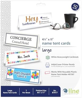 C-Line Printer-Ready Scored Name Tent Cards, 11 x 4-1/4 Inches (Folded Size), 8-1/2"" x 11"" White Cardstock Sheets, Box of 50 (87517), large