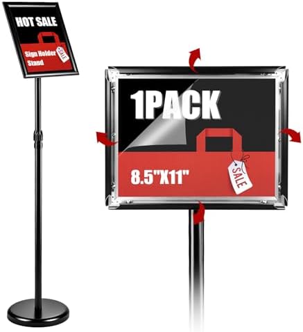1Pack Sign Holder Stand-8.5x11 inch，Adjustable Sign Stands For Display，Heavy Duty Floor Standing Sign Holder Stand Aluminum for Retail Store，Museum，Volunteer Cctivities（Black）