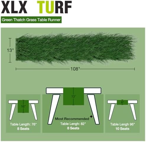 XLX TURF 13" x 108" Shaggy Fake Grass Table Runner for Hawaiian Party Summer Decor, Fireproof Green Thatch Palm for Wedding, Jungle Safari Wild One Birthday, Baby Shower