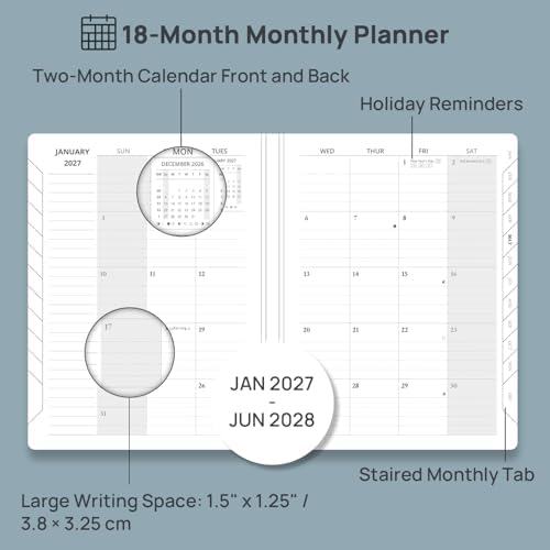 POPRUN Monthly Planner 2027-2028, 6.25" x 8.5", 18-Month Calendar Book