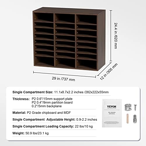 VEVOR 24 Compartments Office Mailbox, Adjustable Shelves, Wood Literature Sorter 29x12x24.4 inches – Ideal for Office, Home, Classroom, Mailrooms Organization – EPA Certified (Brown)