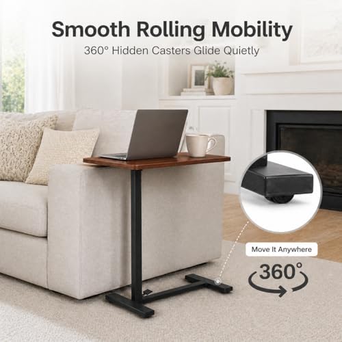 Mobile Standing Desk Adjustable Overbed Table, Pneumatic Height Adjustable Rolling Laptop Desk with Hidden Wheels, 0-180°Tilt Top Rolling Computer Cart Foldable for Home Office, Craft & Study, Brown