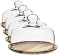 MyGift Cloche Dome Clear Glass Dessert Cheese Serving Tray 7.5 Inch Small Cake Cupcake Stand with Acacia Wood Base for Party Wedding (Pack of 4)