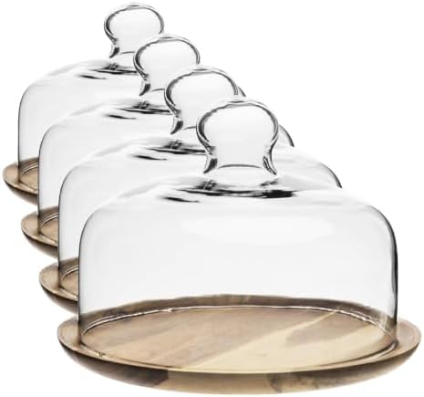 MyGift Cloche Dome Clear Glass Dessert Cheese Serving Tray 7.5 Inch Small Cake Cupcake Stand with Acacia Wood Base for Party Wedding (Pack of 4)