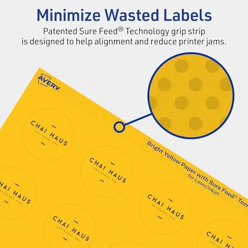 Avery Printable Round Labels, Sure Feed Technology, 1-1/2" Diameter, Bright Yellow Labels, Print-to-The-Edge, Laser/Inkjet Printable, 800 Total, Great for Stickers and Candles