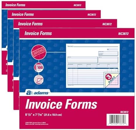 Adams Invoice Unit Sets, 7.44 x 8.5 Inches, 3-Part, Carbonless, White/Canary/Pink, 100 Sets per Pack (NC3872) (Pack of 4)