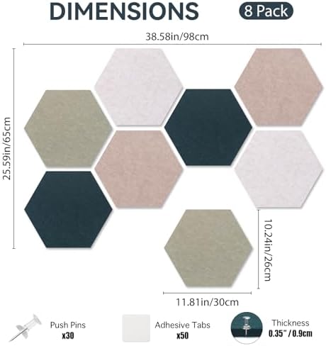 Hexagon Cork Board for Walls Decor, 8 Pack 12" x 10" Felt Bulletin Board Tiles with 30 Pushpins, 50 Adhesive Tabs for Office & Home Pin Board Felt Board, Notes Photos and DIY Classroom Decor