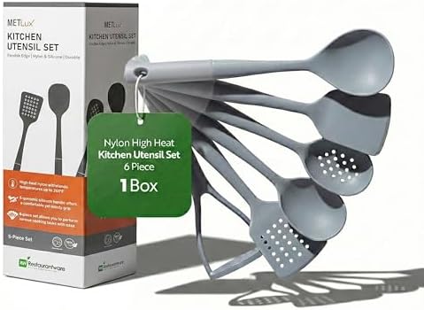 Restaurantware Silicone Utensil Set Pack of 1 Non-Slip Handle 6-Piece Nylon Kitchen Tool Set, Heat-Resistant Dishwasher-Friendly Cooking Accessories, Durable Gray and White Cooking Utensils