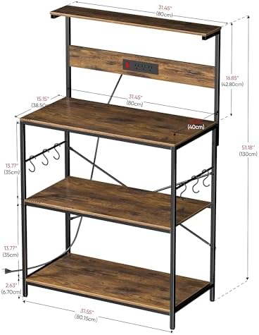 VUSIGN Kitchen Bakers Rack with Power Outlet, 31.5 Inch Coffee Bar Station with 6 S Hooks, 4 Tiers Microwave Stand with Storage, Kitchen Stand for Pots/Pans/Spices, Rustic Brown