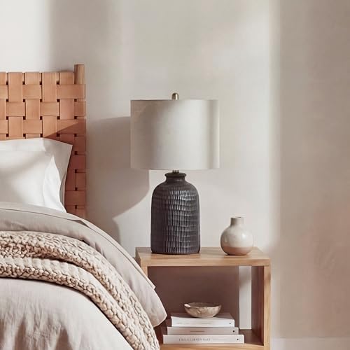 Nourison Home 24" Black Textured Ceramic Table Lamp with Tan Linen Shade, Rustic Farmhouse Accent Lamp, Bedside Lamp for Bedroom, Nightstand, Living Room