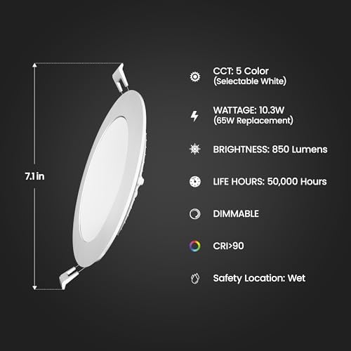 Feit Electric 6in LED Canless Recessed Downlights, 65W Eq, Slim, 5CCT