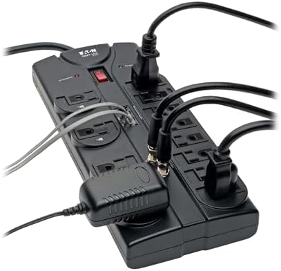 Eaton Tripp Lite TLP1208TELTV Home Theater Surge Protector Power Strip, 12 Outlets, Flat Plug 8ft Extension Cord, 2160 Joules | Coax and RJ11 Ports for Phone Land Line, TV, and WiFi Router Protection