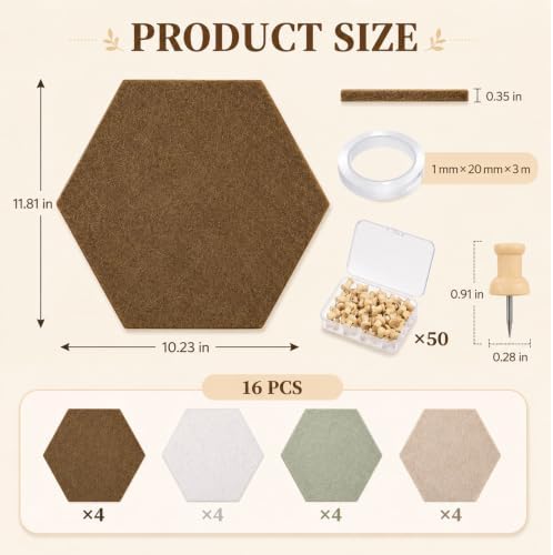 12x10 in 16 Pcs Hexagon Cork Board Tiles, Felt Pin Boards, Sage