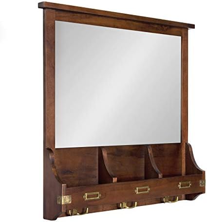 Kate and Laurel Stallard Decorative Wood Home Wall Organizer Mirror with Pockets and Key Hooks, Walnut Brown