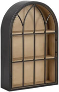Kate and Laurel Megara Decorative Wooden Hanging Arched Wall Cabinet with Door for Open Storage; 16 x 6 x 24; Black and Natural Wood; Wooden Floating Wall Bathroom Cabinet for Above Toilet Storage