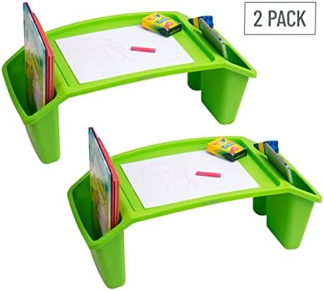 Mind Reader Kids Lap Desk, Portable Activity Tray with Side Storage, Stackable Plastic Desk for Drawing, Snacks, Study, Set of 2, Green