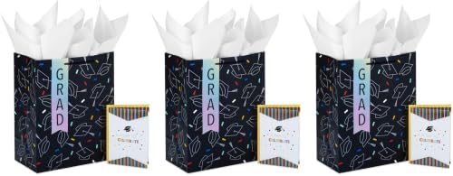 Hallmark 13" Large Graduation Gift Bag with Greeting Card and Tissue Paper (Black, Red, Blue, Holographic) for High School, College, Law School, Nursing, Kindergarten (Pack of 3)