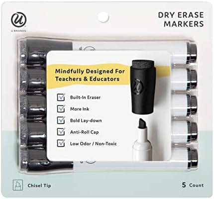 U Brands Black Dry Erase Markers with Eraser, Chisel Tip, 5 Count