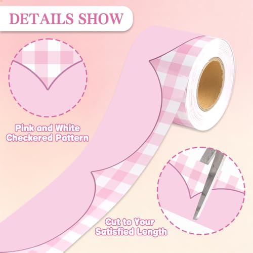 50ft Checkered Bulletin Board Borders, Checkerboard Straight Trim Border with Scalloped Edge Print, Classroom Decor for Chalkboard Whiteboard Back to School Supplies, Pink and White
