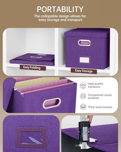 Oterri 2 Pack File Storage Organizer, Filing Box, Portable File Box with Lid, Fit for Letter/Legal File Folder Storage, Document Organizer, Purple