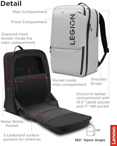 Lenovo Legion Gaming Laptop Backpack GB800, 21L Capacity, Fits 17-inch Laptops, Water Resistant, Three Main Compartments & 19 Specialiized Pockets, Light Grey