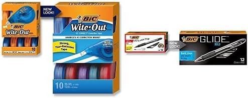 BIC Wite-Out Brand EZ Correct Correction Tape, White, 10-Count and VLGB11-Blk Velocity Bold Retractable Ball Pen, Bold Point (1.6mm), Black, 12-Count