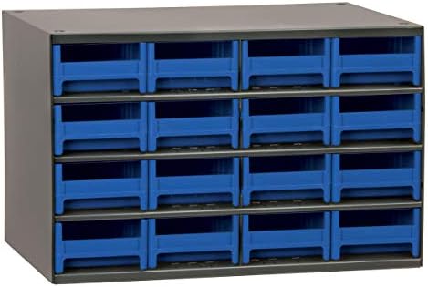 Akro-Mils Steel Garage Storage Cabinet, Small Parts Organizer Metal Cabinet for Hardware, Nails, Screws, Bolts, Nuts, and More, 17" W x 11" D x 11" H, 16-Drawer, Gray Cabinet/Blue Drawers (19416)